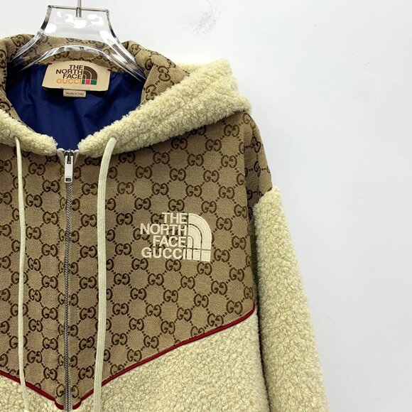 Gucci x The North Face Brown logo jacquard hooded drawstring shearling jacket - Picture 3 of 8